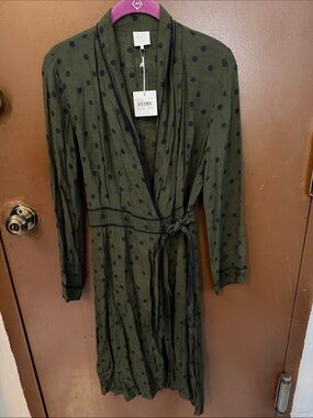 NWT Polka Dot Wrap Midi Dress in Olive Green- size small